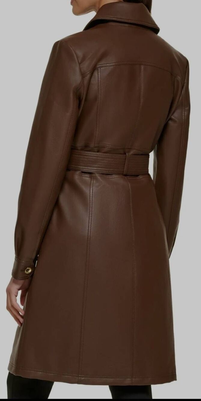 Guess Medium Faux Leather Belted Trench Coat in chocolate brown (R) - Picture 2 of 11